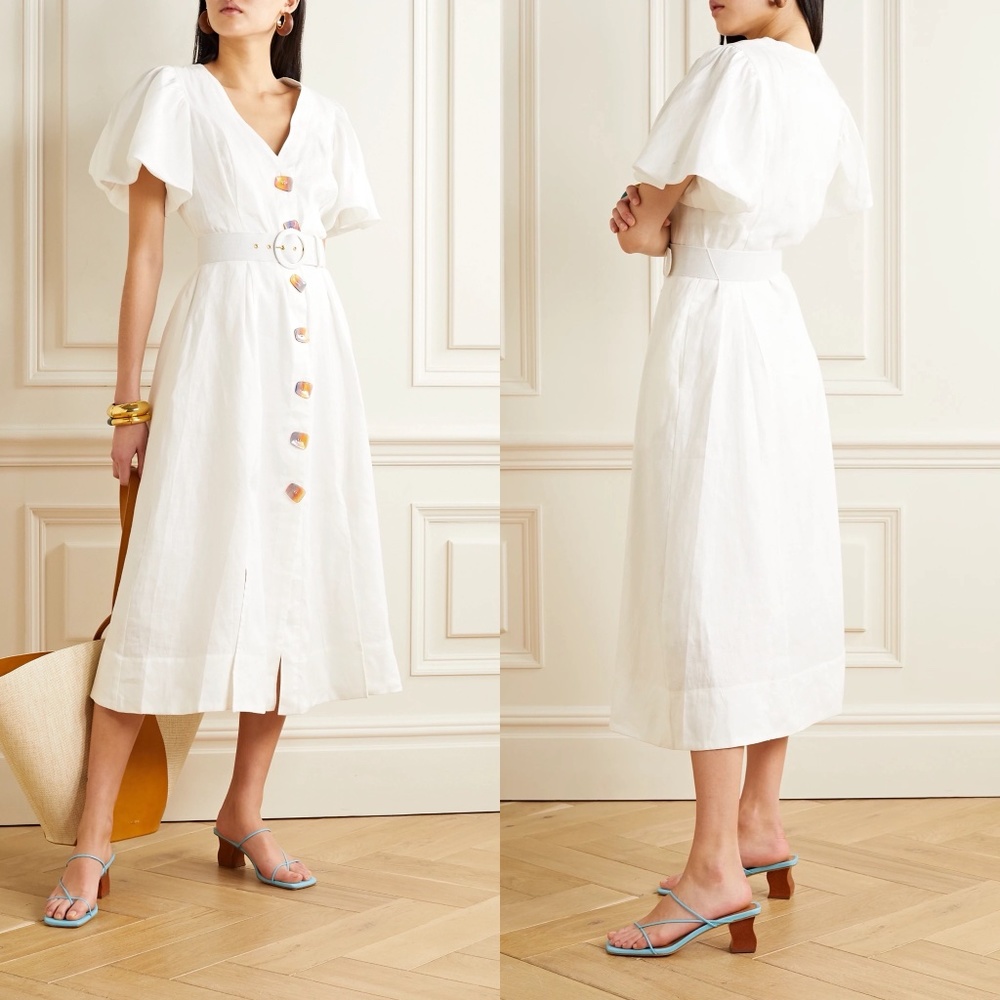 Nicholas troy puff sleeve linen midi dress